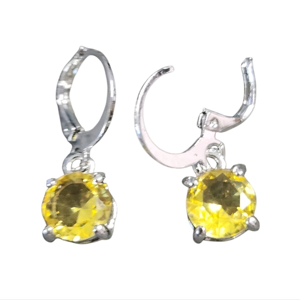 Silvertone 8mm Yellow Crystal Earrings